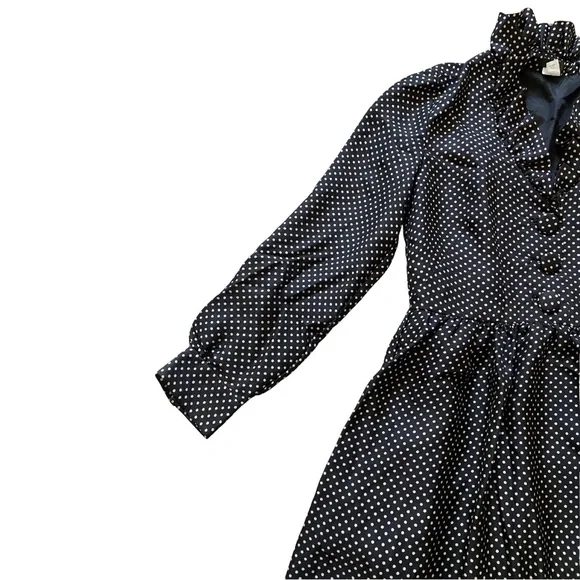 Vintage 1990's J. Crew Babydoll Black White Polka Dot Ruffle Long Sleeve Dress 0 - Picture 3 of 14